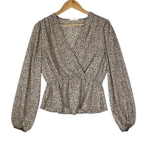 Hesperus Womens Sz L Cheetah Spotted Smocked Poet Sleeve Blouse Top